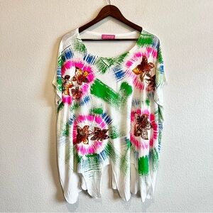 Crazy Fish Women's Applique Top Cotton Painted Artsy Hawaii White Colorful XL